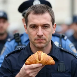 closeup portrait of police arresting a man's croissant, photograph, world press photo, natural light, sharp, detailed face, magazine, press, photo, steve mccurry, david lazar, canon, nikon, focus