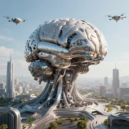 cult of technology, metal brain!!, exterior, scifi, machines, artificial intelligence, ribbon chapel, ultra realistic, highly detailed, futuristic landscape, beautiful city, futurism, drone point of view, atmosphere, masterpiece, epic lighting, bright, cinematic, art by jan urschel and neil blevins