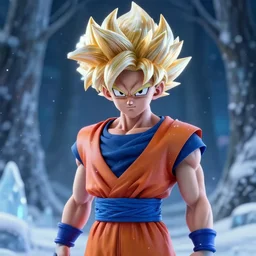portrait focus of ( ( angry super saiyan ) ) beautiful 3 d anime girl posing, frozen ice dark forest background, snowing, bokeh, inspired by masami kurumada, octane render, volumetric lighting