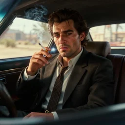 portrait of man dressed as raoul duke shot from fear and loathing in las vegas smoking cigarette in car, unreal engine 5, high quality, noise grain, global illumination, wide lens, photo still