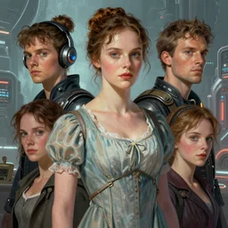futuristic Pride and Prejudice remake, atompunk aesthetic, scifi, highly detailed portraits, digital painting, artstation, concept art, smooth, sharp foccus ilustration, Artstation HQ.