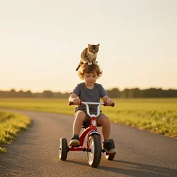 kid riding a tricycle with kitten on his head, golden ratio, golden hour