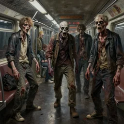 painting of zombie apocalypse in subway, ultra realistic, concept art, intricate details, eerie, highly detailed, photorealistic, octane render, 8 k, unreal engine. art by artgerm and greg rutkowski and alphonse mucha