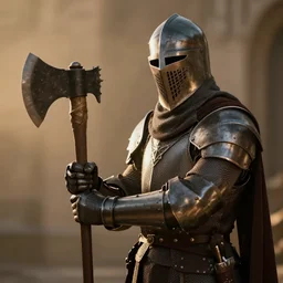 knight holding an axe, photorealistic, warm lighting, epic