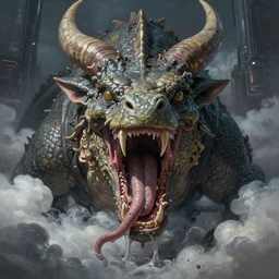 ultra realist and ultra intricate detailed soft painting close up view of a gigantic wyrm opened mouth eating a minotaur,  symmetry features, slimy tongue, sensual gloomy style, volumetric clouds,  cyberpunk background, artstation,  unreal render, depth of field