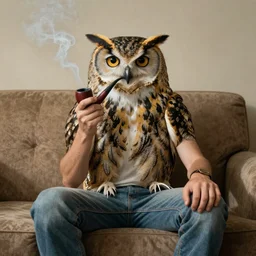 an owl man sitting on a couch smoking a pipe, realistic masterpiece