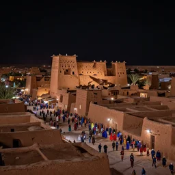 in the middle of a adobe house kasbah town, mud and brick houses, merchant street, pueblo architecture, colorful crowd, festival. Scenic view at night, underexposed, clean horizon, matte painting by craig mullins and Anato_Finnstark, dark fantasy, style of game of thrones, concept art trending on artstation, 4k, intricate details
