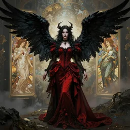 Female dark angel in gothic red and black dress, their black wings are extended. By artgerm and greg rutkowski and alphonse mucha
