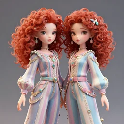 red curly haired twins wearing striped clothes:: by Casey Weldon:: ornate, dynamic, particulate, pastel colors, intricate, elegant, highly detailed, centered, artstation, smooth, sharp focus, octane render, 3d