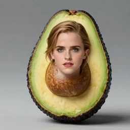 photo of emma watson encased inside an avocado, photorealistic, wide angle