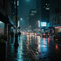 a rainy city street at night in the style of cyberpunk noir. photography. realism. detailed. high quality.