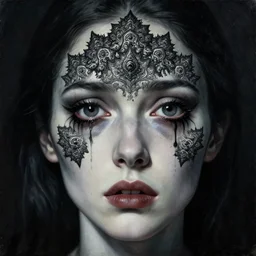 dramatic portrait painting of woman with large crying eyes with black mandelbrot fractal instead of face, in style of zdzisław beksinski, horror, body horror,