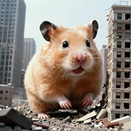 huge hamster terrorizing new york city destroying buildings, realistic, analog photography
