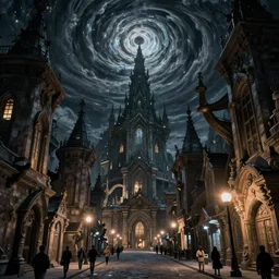 street level view of a lovecraftian city. lovecraft. lovecraftian city at night by cyril rolando and naomi okubo and dan mumford and ricardo bofill. lovecraftian buildings. lovecraftian landscape. swirly night sky.