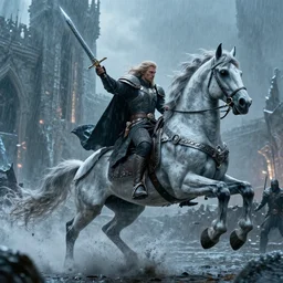 cinematic still of Sylvanus Windrunner going to Icecrown Citadel on her magestic horse and wielding Frostmourne as she charges the enemy, raining, 4k, masterpiece, by Greg Rutkowski, Trending on Artstation