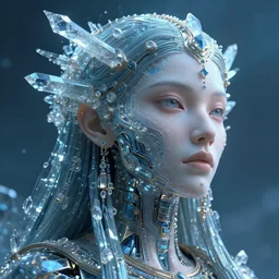 a pfp of a highly lifelike beautiful divine tribal high priestess water with adornments of crystals wide hdr whole infinite capsule apparent with awe an idea seep's into infinity, face axonometric mechanical fantasy intricate elegant, in void of latent space, volumetric lighting h 5 1 2