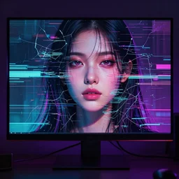 A broken monitor with the calm face of an AI woman on it. Very very very strong glitches on the monitor. The face is glitches. Scanlines and jitter effects. Extremely high detail, glitchcore, glitches, glitch, cyberpunk, deep colors, 8k render