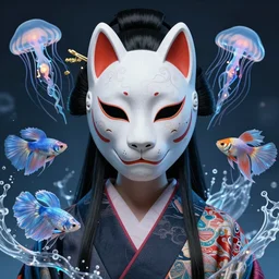 3 d goddess close - up frontal portrait with cat skull. beautiful intricately detailed japanese crow kitsune mask and clasical japanese kimono. betta fish, jellyfish phoenix, bio luminescent, translucent, plasma, ice, water, wind, creature, artwork by tooth wu and wlop and beeple and greg rutkowski. vray. behance. 8 k