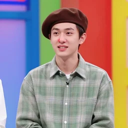 a thin guy with a big nose and an overbite wearing a brown beret and a palid green plaid shirt participating on a tv show, coloful, vibrant colors
