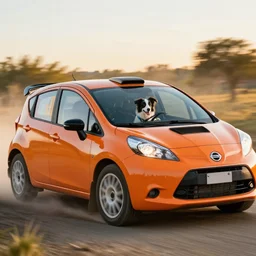 border collie dog in the driver's seat of an orange nissan note, paws on wheel, car moving fast, rally driving photo, award winning photo, golden hour, front of car angle