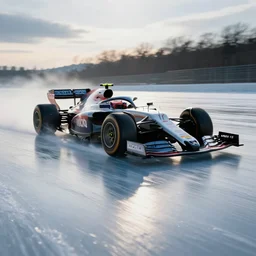 F1 car racing on an ice lake, cinematic, epic, car shot
