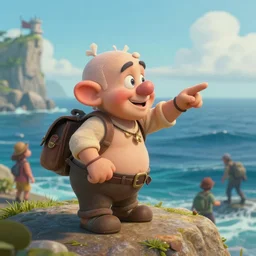 An albino dwarf directing travellers over the ocean, fantasy