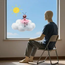 side view of a realistic male mannequin sitting on a folding chair looking out a window at a blue sky, with a hand drawn sun and hand drawn cloud, that has an absurd bug with tiny multiple eyes and wearing a pink ballerina outfit, sitting on the cloud, octane, 8 k rendered, highly detailed, ultra realistic