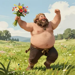 happy male very chubby dark blond viking with short hair dancing around in meadow holding a bunch of flowers in the style of rutkowski