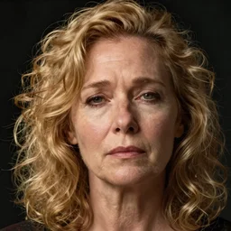 Portrait of a sad looking middle aged woman. Blonde curly hair. Detailed face.