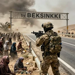 highly detailed war photograph of a pmc operative guarding a highway checkpoint surrounded by climate migrants, dust storm, cinematic, realistic, realism, intricate, digital art, ambient, by beksinski, pop art style, 3 5 mm film grain, artstation