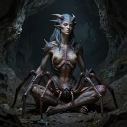 female drider with a human torso merged with a spider's abdomen sitting in a dark cave, ultra detailed, high fantasy, monster, creature design, dnd, dndbeyond, realistic, concept art, octane render, 8 k, moody lighting, muted colors, blue tone light, dramatic lighting, john singer sargent, matte painting