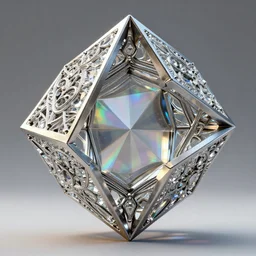 geometric mathematical shaped metal sculpture with ornate crystal glass elements reflecting rainbows into iridescent patterns, style of jack storms, octane render, 4 k, intricate, detailed, 3 d