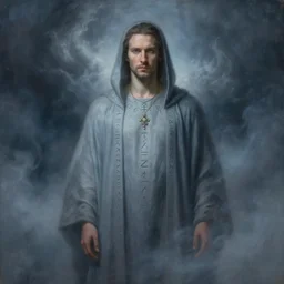portrait of aaron taylor in gray - blue robes, runes, jewelry, mystical, ethereal, magical storm fog, painting by greg rutkowski and alphonse mucha
