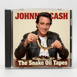 Johnny Cash: The Snake Oil Tapes, snake oil compilation album, CD cover by Grant Wood, 3D rendering by Beeple, snake oil
