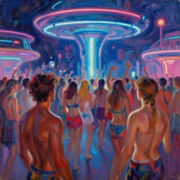 futuristic techno party, summer, neon light, painting by gaston bussiere, craig mullins, j. c. leyendecker