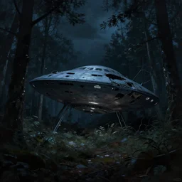 abandoned crashed ufo in the forest, night, concept art, art station landscape, cinematic lighting hyper realistic painting, dark atmosphere