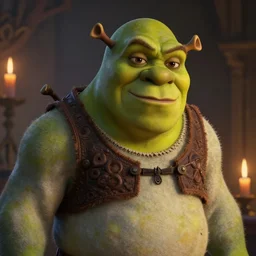portrait painting of shrek, candlelight, 8 k, ultra realistic, lens flare, atmosphere, glow, detailed, intricate, beautiful color, dungeons and dragons, gritty, cinematic lighting, trending on artstation, 4 k, hyperrealistic, focused, extreme details, unreal engine 5, cinematic, masterpiece