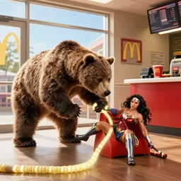 movie scene of a bear knock down on the floor in mcdonald's, worm lighting, sunny day, wonder woman ( 2 0 0 8 )