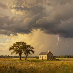 two trees and a singular house on a grass plain, during golden hour, thunderstorm, warm colors, oil painting, hyperrealistic, high detailed, award winning masterpiece