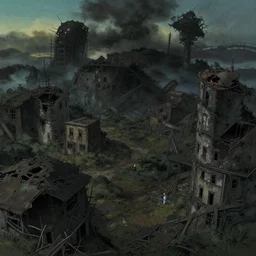 a dark, dystopian wasteland, war - torn buildings, in the style of hayao miyazaki, in the style of ghibli studio, high detailed.
