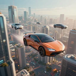 futuristic city with flying cars, photograph