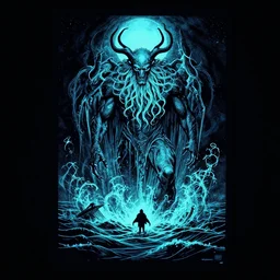 a black light poster of cthulhu rising from the ocean