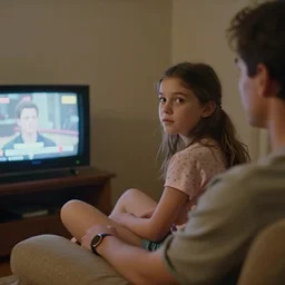 Home video footage, A girl sitting on the sofa watching TV set by the wall. Color VHS picture quality with mixed noise, Filmed by dad.