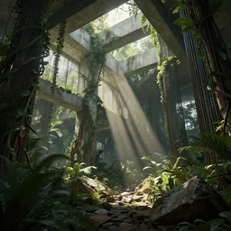 a jungle made out of concrete. steel bars as vines, concrete beams for tree trunks, rubble, beautiful atmospheric lighting, sunlight beaming through open windows, small dust particles in the air. unreal engine 5, v - ray, 8 k, ultra hd, god rays.