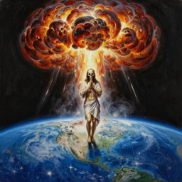 a highly detailed oil painting of Jesus Christ with skull instead of face, standing inside the epicenter of thermonuclear blast mushroom on blue earth planet, praying for mercy