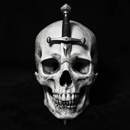 A skull with a sword through it. Centered, Dark Fantasy, Film Noir, Black and White. High Contrast, Mike Mignola, D&D, OSR