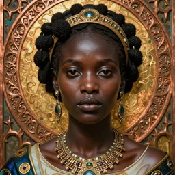 face centered portrait, artwork by james jean, hyperdetailed realistic smooth polished porcelain, beautiful ndebele queen, jean delville, art nouveau, gustav klimt, ornate copper patina gothic icon, james jean, ultrasharp hyperdetailed photorealistic octane render