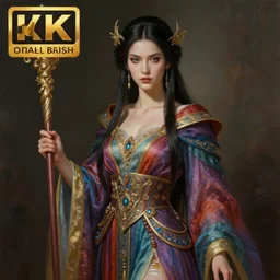 an anthropomorphic beautiful goddess female wizard portrait holding a staff wearing colourful robe, fine art, award winning, intricate, elegant, sharp focus, octane render, hyperrealistic, cinematic lighting, highly detailed, digital painting, 8 k concept art, art by jamie hewlett and z. w. gu, masterpiece, trending on artstation, 8 k