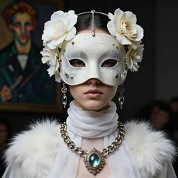 a futuristic portrait by mask made of wires and latex and plastic flowers, white fur fir necklace made by gauzes twisted around neck, design by leonardo davinci, inspired by egon schiele, balenciaga, modern art, baroque art jewelry, new classic, fashion design, photorealistic, hyper realistic, cinematic composition, cinematic lighting, fashion design, concept art, 8 k