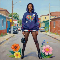 painting by jenny saville of yolandi visser wearing a hoodie standing in a township street in the style of jenny saville, street fashion outfit, haute couture fashion shoot, full figure painting by jenny saville, decorative flowers, 2 4 mm, die antwoord